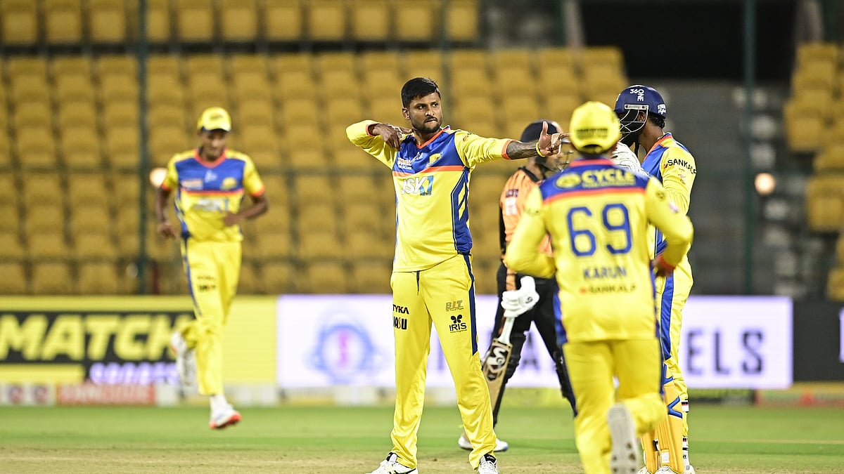 Photo: Maharaja Trophy T20 : Krishnappa Gowtham celebrating after taking a wicket in Maharaja Trophy T20.